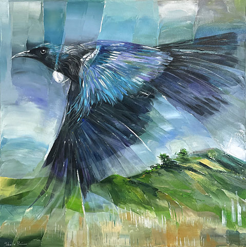 Sheila Brown nz bird artist, Rolling Hills Tui, Acrylic on canvas